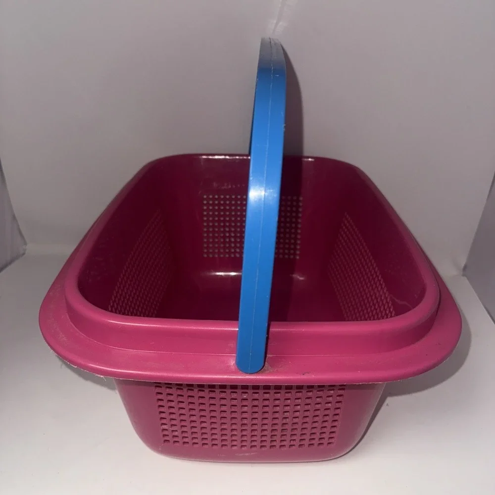 Vintage Plastic Basket Pail Bucket Hot Pink Organizer Swing Handle 90's 18x13x8
